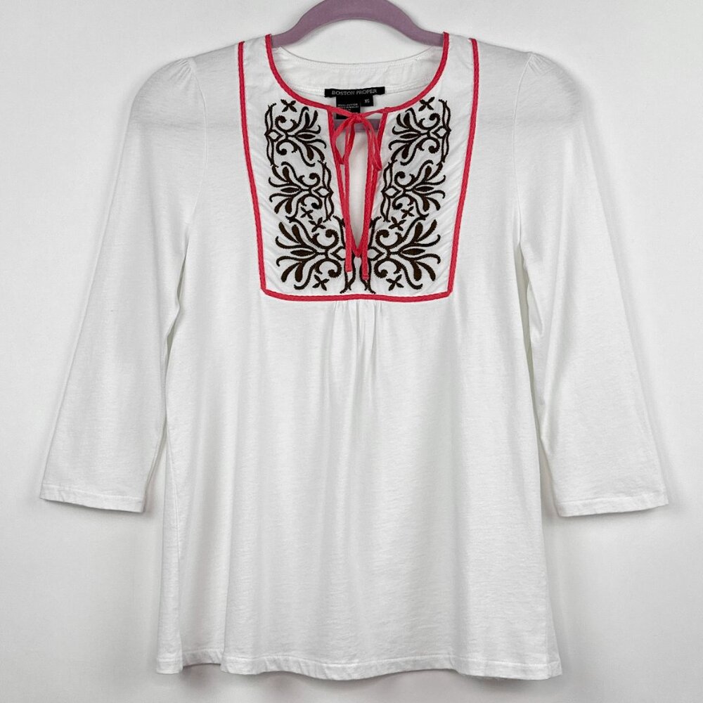Boston Proper | White Top | Embroidered Tie Blouse | Size XS